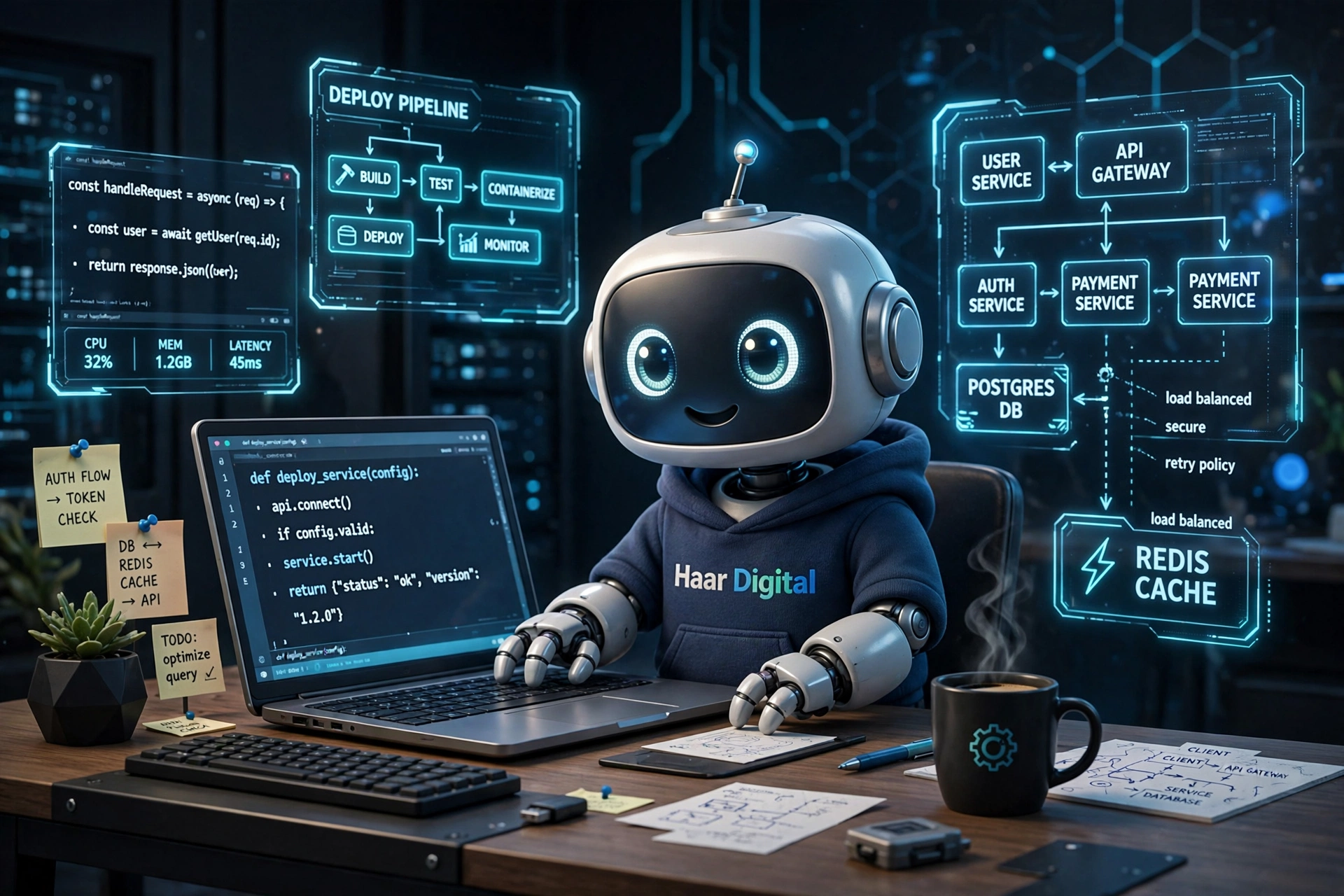 Haar Digital robot mascot reviewing software companies in Bangladesh