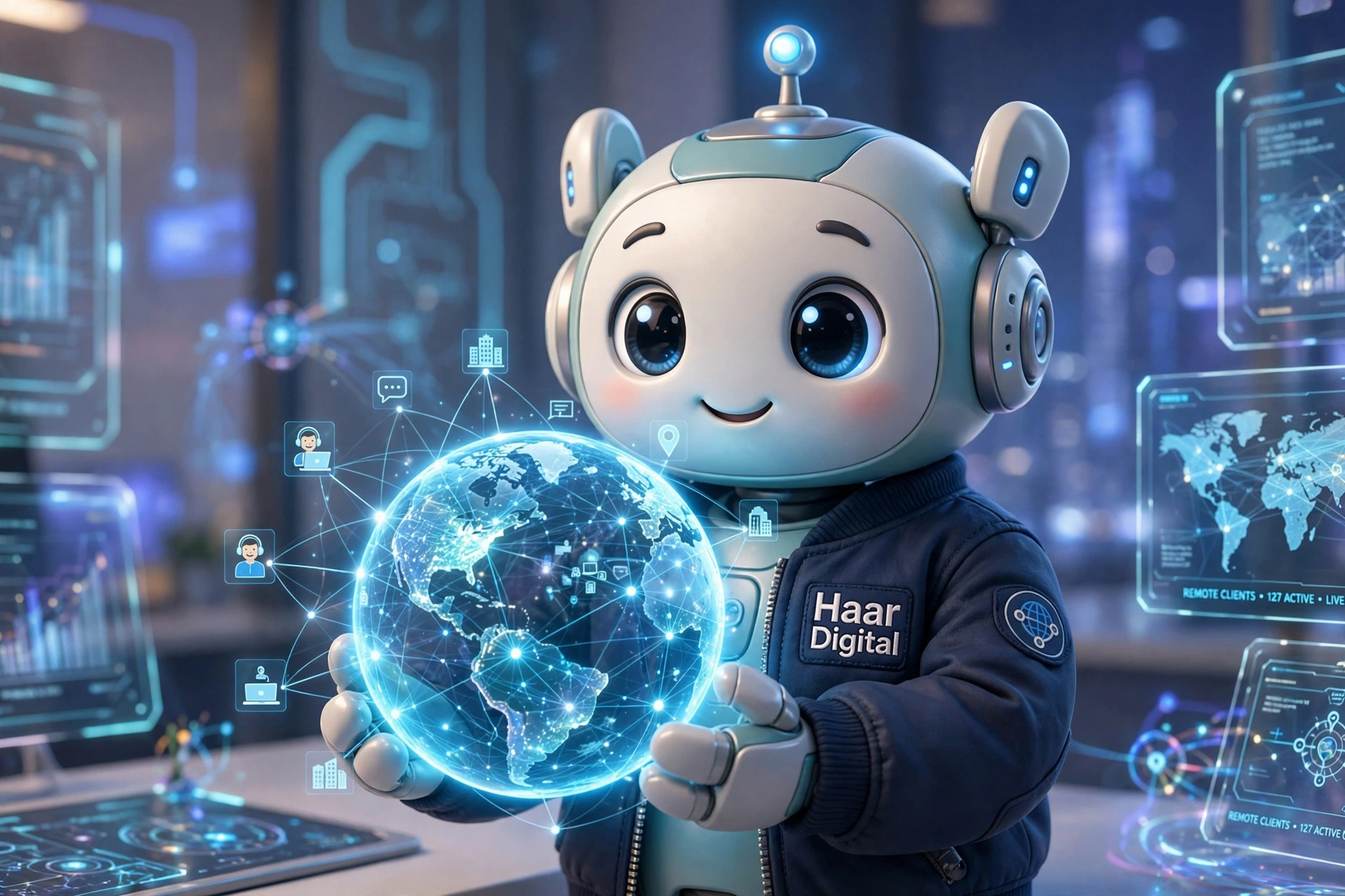 Haar Digital robot mascot connecting global clients with offshore developers