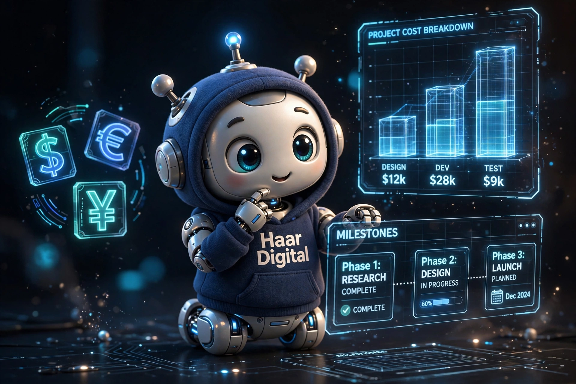 Haar Digital robot mascot analyzing website development cost in Bangladesh